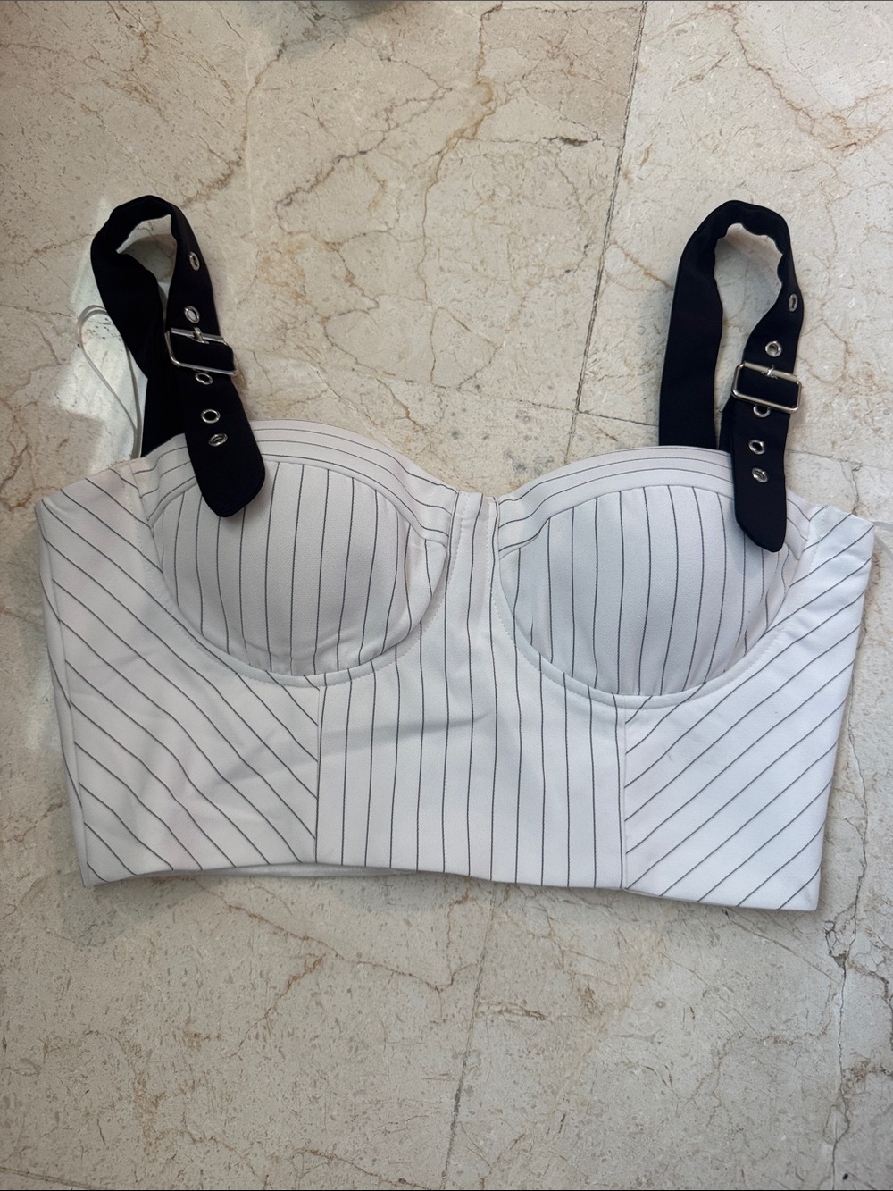 White Pinstripe Crop Bustier Top with Black Adjustable Straps